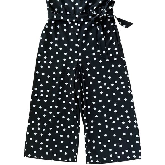 1990s Vintage Black White Polka Dot Jumpsuit Sz Small Sleeveless Wide Leg Belted - Picture 7 of 12